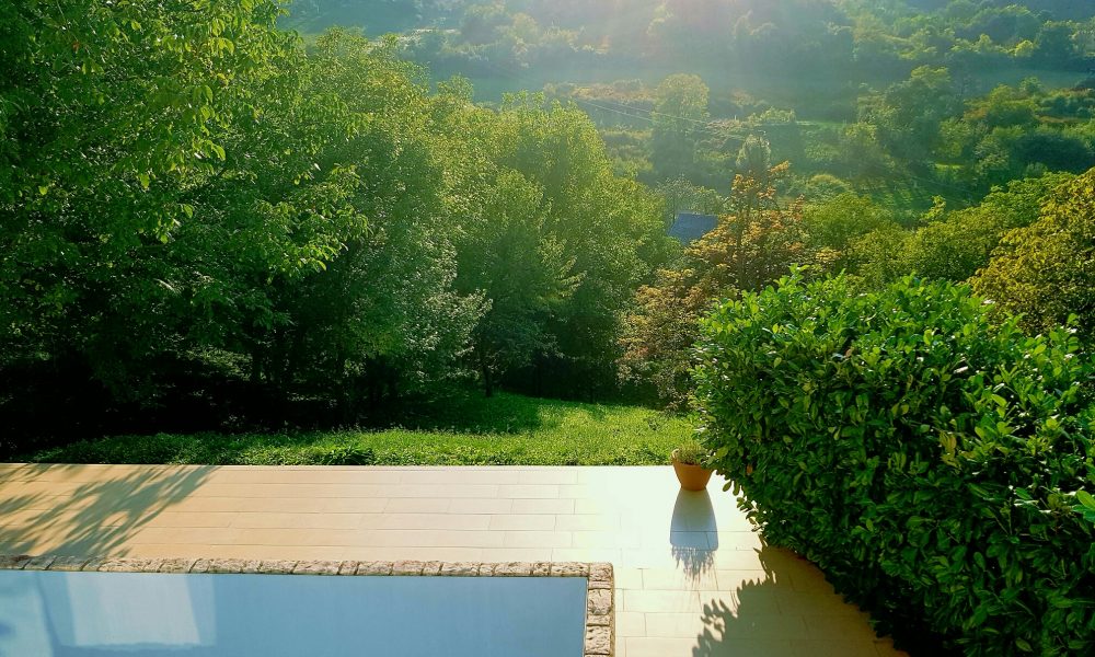Pogled s terase na bazen i starinski voćnjak niz brijeg