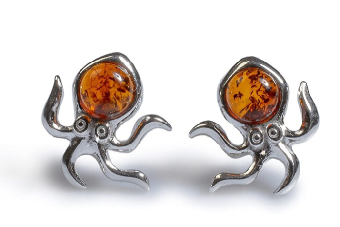 Nautičke ženske naušnice, hobotnice s ugrađenim jantarom