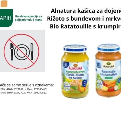 Povlačenje iz prodaje Alnatura kašica za dojenčad Rižoto s bundevom i mrkvom i Bio Ratatouille s krumpirom