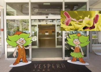 Ulaz u Family hotel Vespera koji je posebno uređen za boravak obitelji s djecom i mikroskopska snimka bakterije salmonele (crvena boja) / Izvori: https://www.losinj-hotels.com/ i Wikimedia