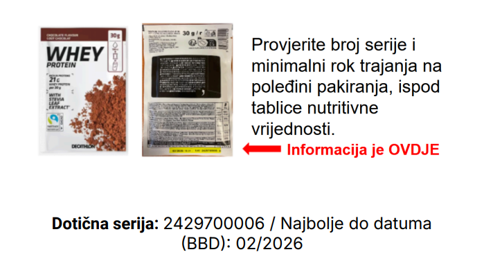 Decathlon povlači Whey Protein čokoladnog okusa zbog mogućeg prisustva komadića metala Provjera LOTa