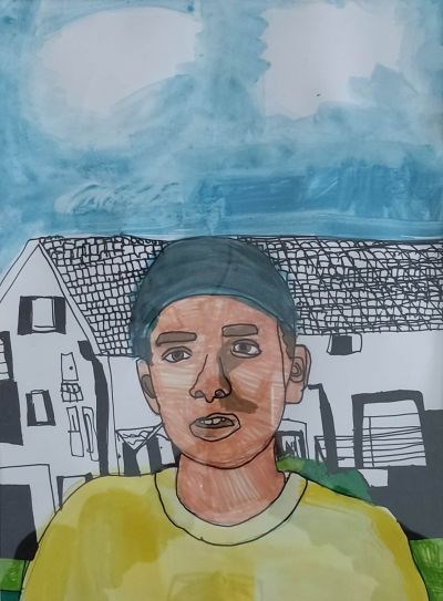 Na prvoj samostalnoj izložbi autističnog mladića koji ne govori riječima nego slikama Autoportret Jakov Knezevic prosinac 2024 Autoportret, Jakov Knežević, 2024.