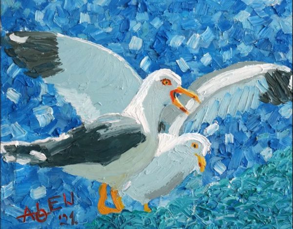 Umjetnost bez granica: Prizori iz Hrvatske na platnima umjetnika koji slikaju ustima i nogama Alen kasumovic 2 galeba "Dva galeba", Alen Kasumović